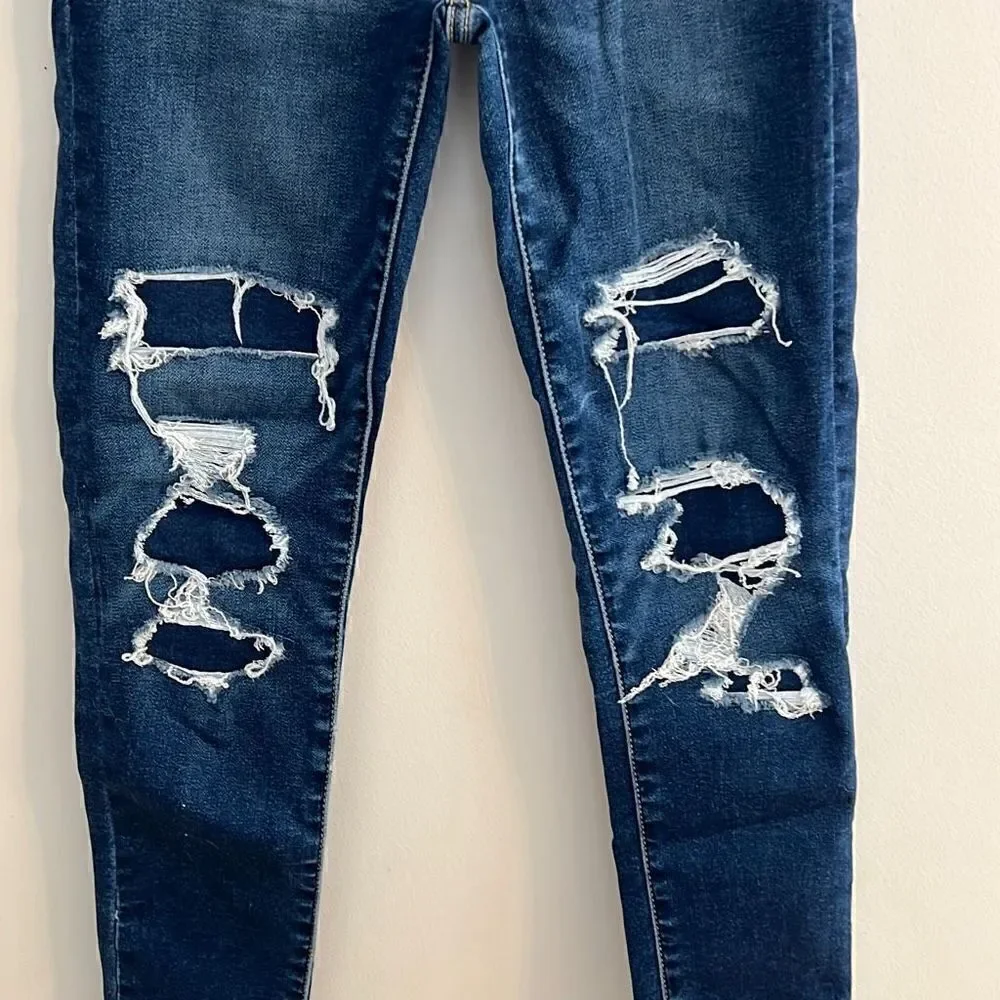 American Eagle Next Level Stretch Jeans Hi-Rise Jegging Dark Destroyed, 0 Short